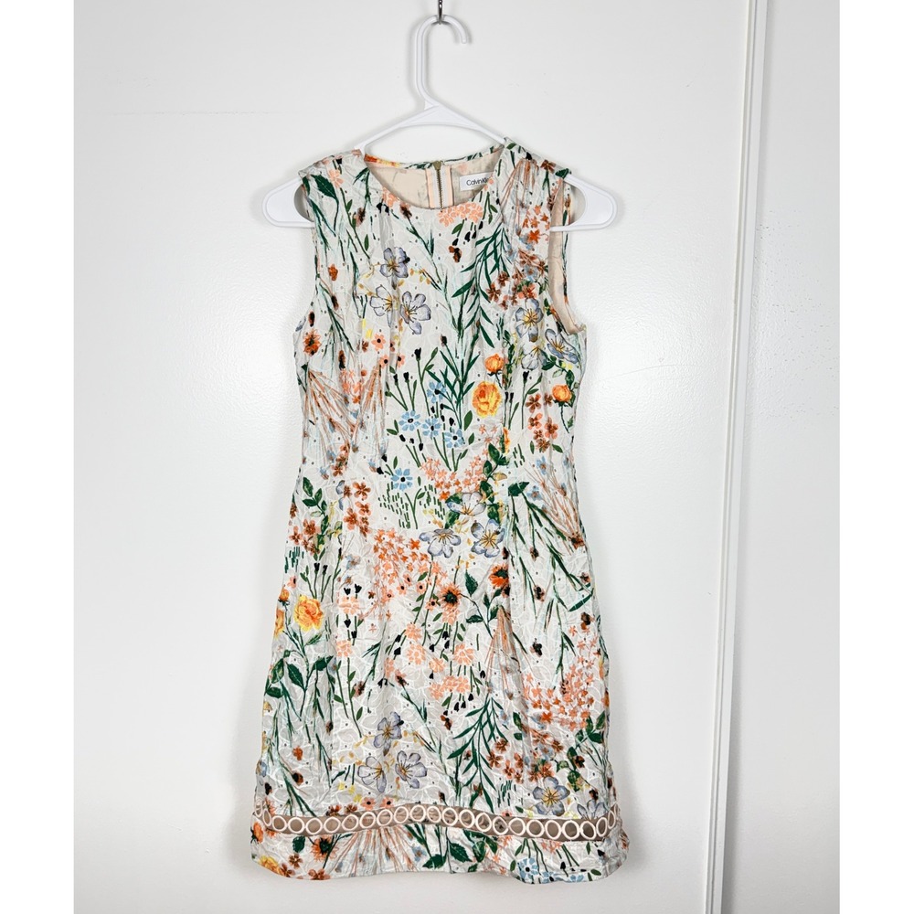 Calvin Klein Floral Eyelet Dress Women 4 White Multi Cottagecore Garden Party